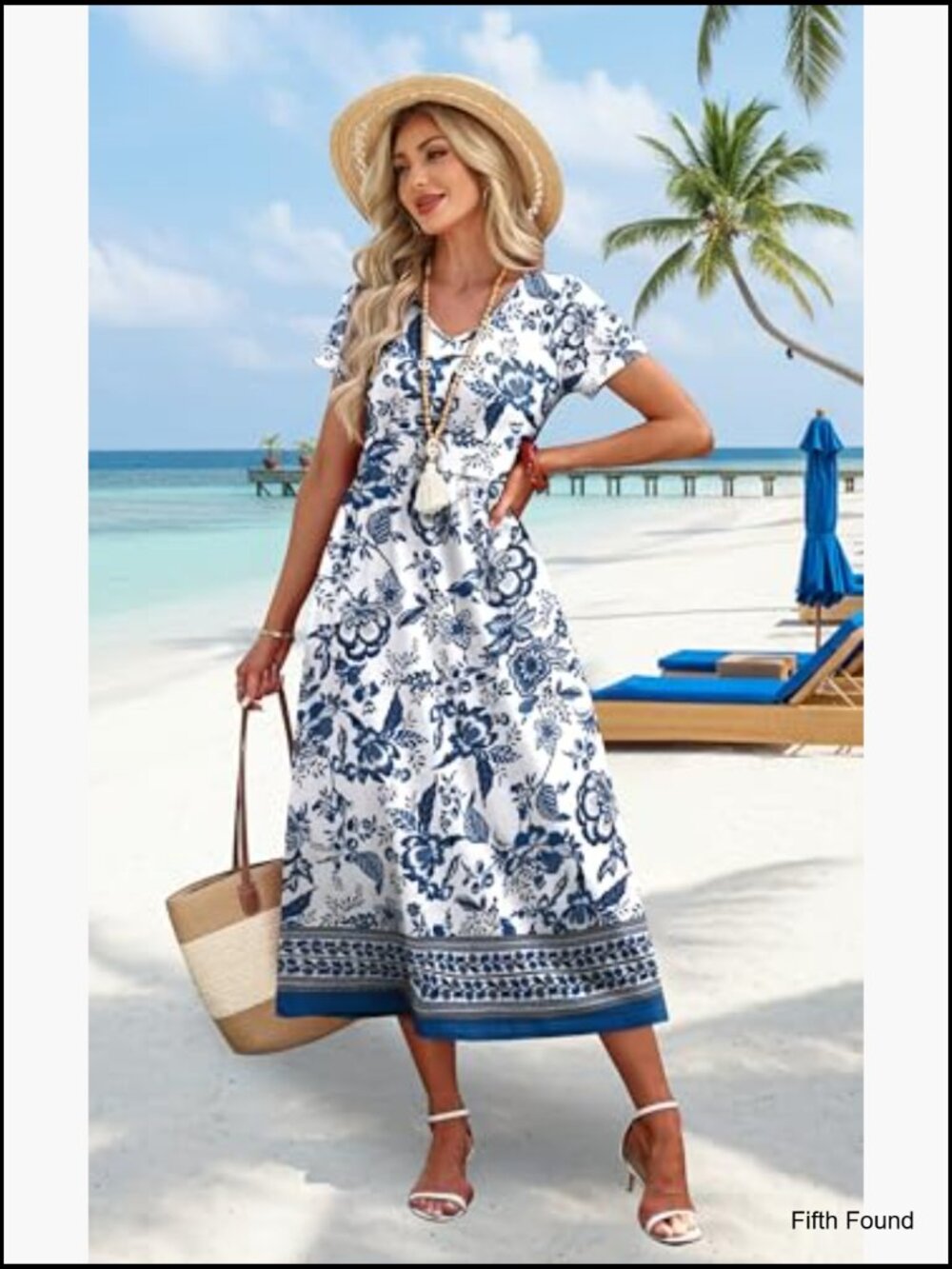 Flowy A-Line Midi Dress Short Sleeve V-Neck with Pockets Casual Sundress S-2XL - Picture 2 of 7